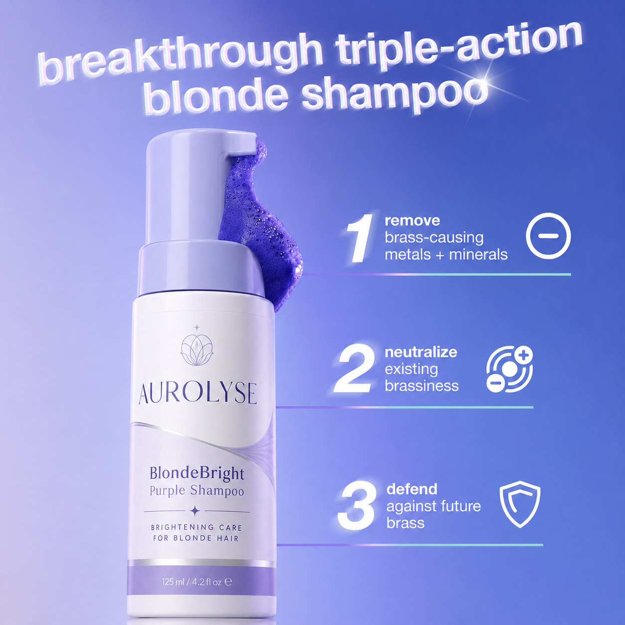 AUROLYSE™ BlondeBright Purple Shampoo - Non-Staining Purple Shampoo for Brassy Blonde Hair, Helps Neutralize Yellow & Orange Tones for a Brighter, Salon-Fresh Look - 4.2 fl oz